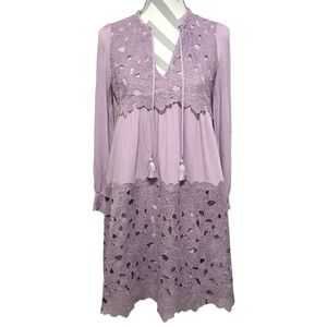 Anthropologie Lilac Lace Boho Mini Dress Tassel Tie V-Neck Long Sleeve Small